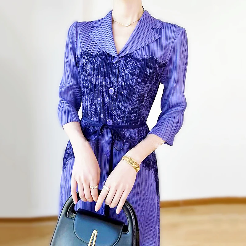 

Дизайнерские Длинные платья для женщин шикарные кружевные однобортные женские платья с рукавом до локтя элегантное женское плиссированное платье SL413