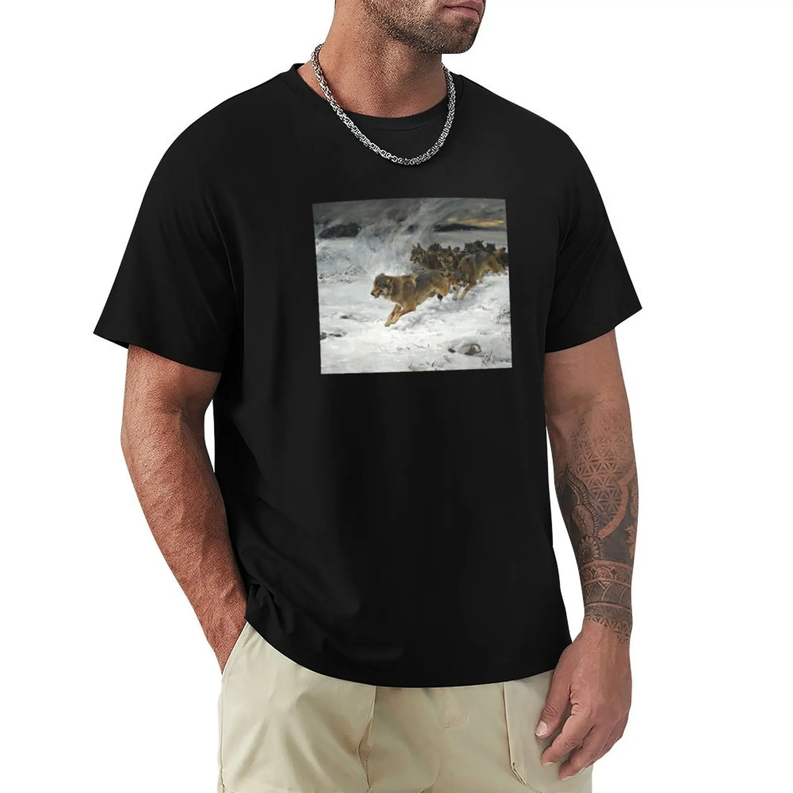 

Winter scenery - A pack of wolves by Alfred Kowalski-Wierusz T-Shirt oversizeds hippie clothes black t-shirts for men
