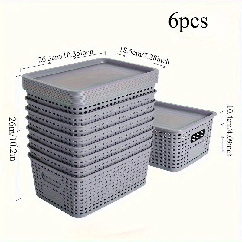 6PCS Stackable Storage Box, Plastic Storage Basket with Lid, Multi-purpose Household, Office, Desktop, Cabinet Storage Container