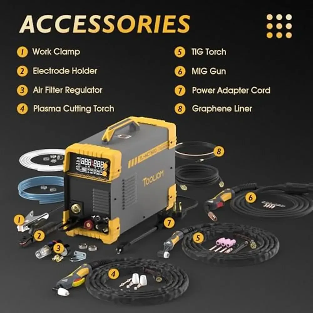 5-in-1 Welder 200A MIG/TIG/CUT/Stick Dual Voltage Aluminum Welding Machine LCD Display Plasma Cutter Compatible Spool Gun 5