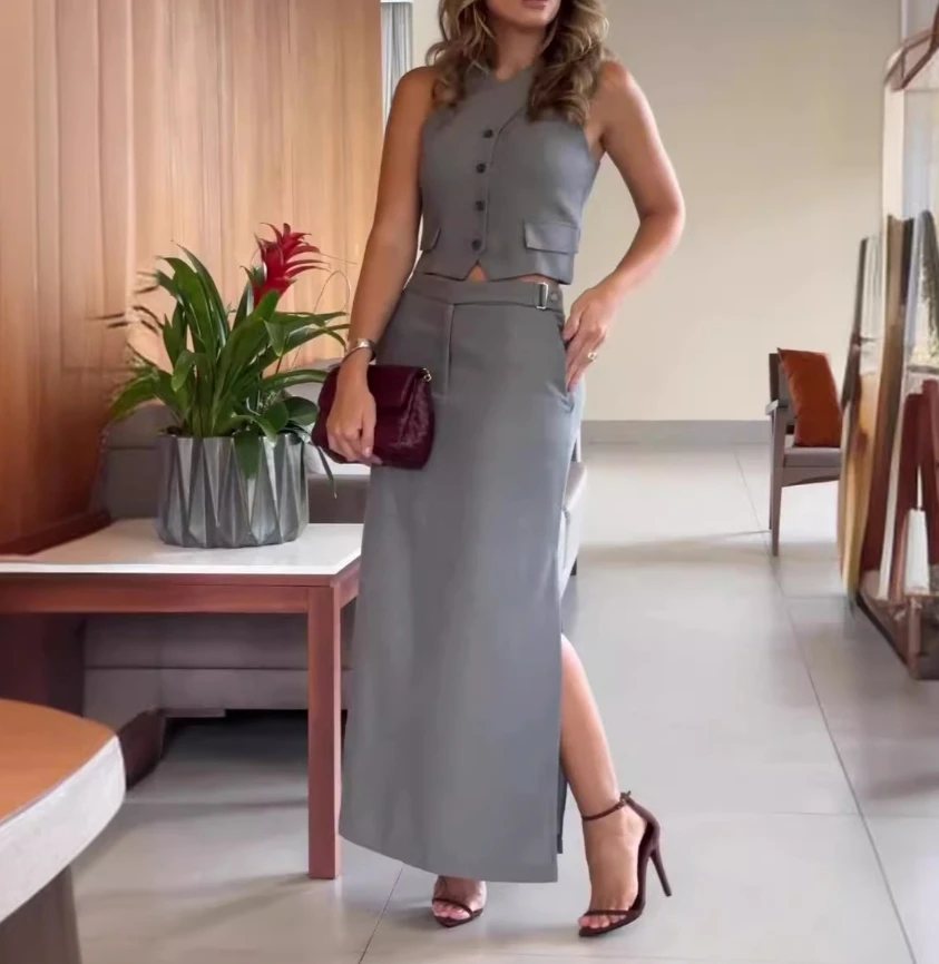 Women's Elegant Suits 2024 Spring/summer Latest Solid Color Fashion Sleeveless Tank Top Pockets High Waist Skirt Two Piece Set women s legged pants with pockets casual two piece set summer 2pcs outfit sets solid color sleeveless o neck vest casual wide