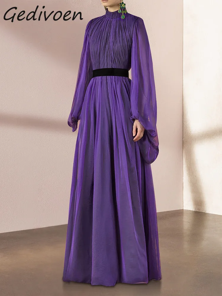 

Gedivoen Summer Fashion Designer Elegant Slim Dress Women's Lantern Sleeve Gathered Waist folds Purple Temperament Long Dress