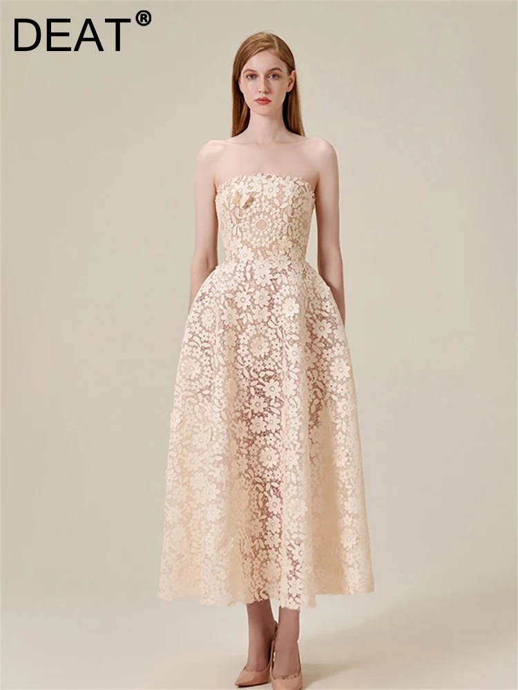 

DEAT Women Fashion Evening Dress Strapless Sleeve Patchwork Embroidery Hollow Out Waist Elegant Dresses Summer 2023 New 13DB3202
