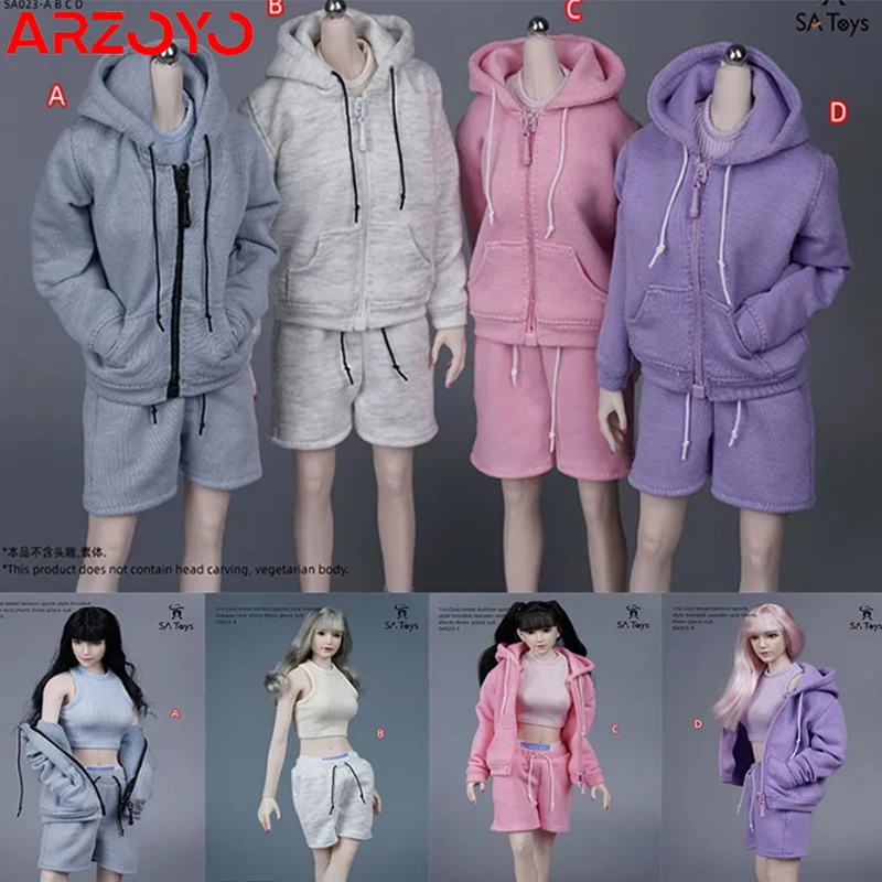 

SAToys SA023 1/6, Женский солдат, крутая серия, модный спортивный свитер с капюшоном, майка и шорты, набор для 12-дюймовых экшн-фигурок, игрушки