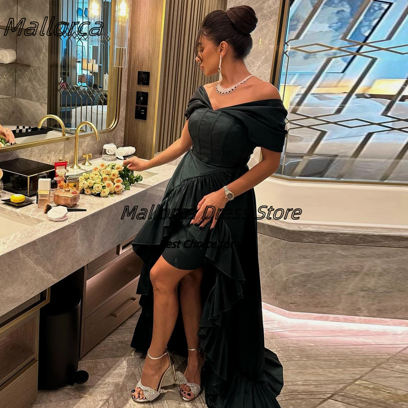 

Mallorca Black Short Prom Dresses with Long Overskirts Special Occasion Dress Off Shoulder Birthday Party Evening Banquet Gowns