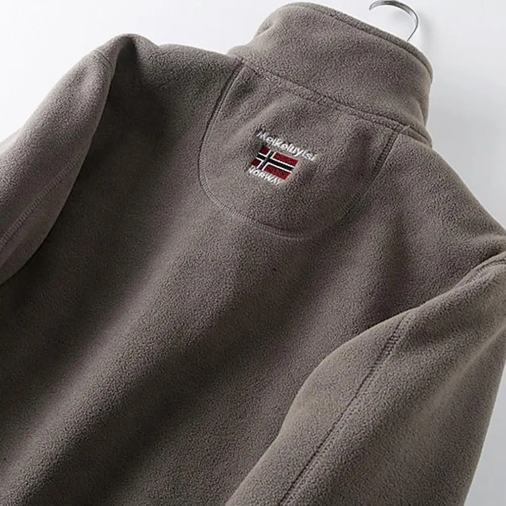 Men Winter Fleece Jacket with Pocket Long Sleeve Stand Collar Thick Warm Heat Retention Outdoor Windbreak Jacket Coat erkek mont