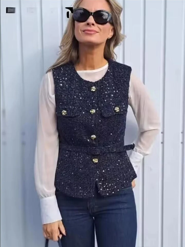 Women Sequin Blue Vest New Fashion With Belt Vests for Women 2024 Autumn Sleeveless Coat Streetwear Chic Waistcoat Tops
