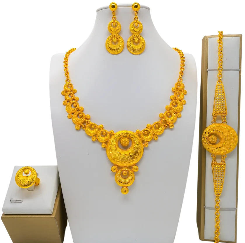 Fashion Gold Color Drop Earrings Necklace Set for Women Dubai African Luxury Bead Hollow Design Bracelet Wedding Party Jewelry
