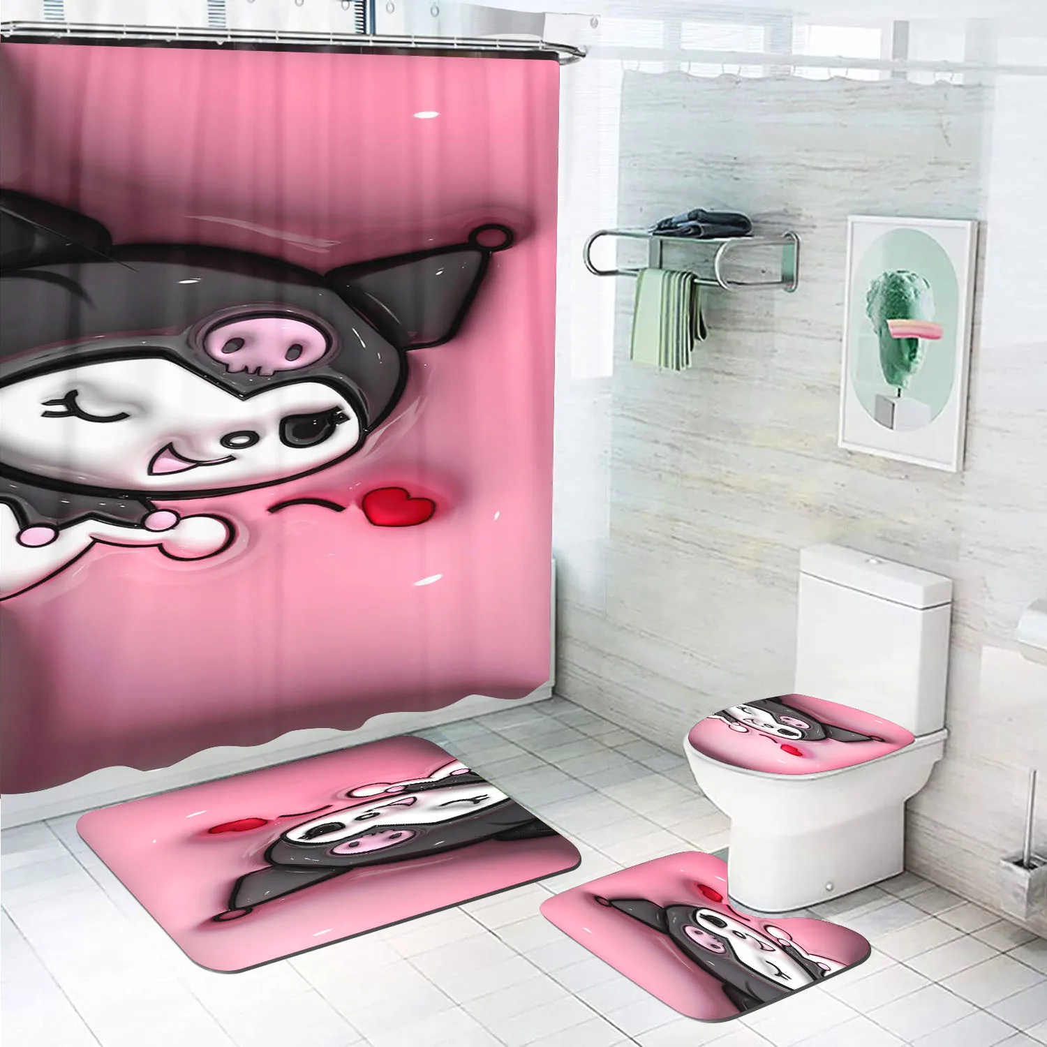 

Набор для ванной комнаты Kuromi из 4 предметов, коврики и шторы, домашний декор, мультяшный милый аниме