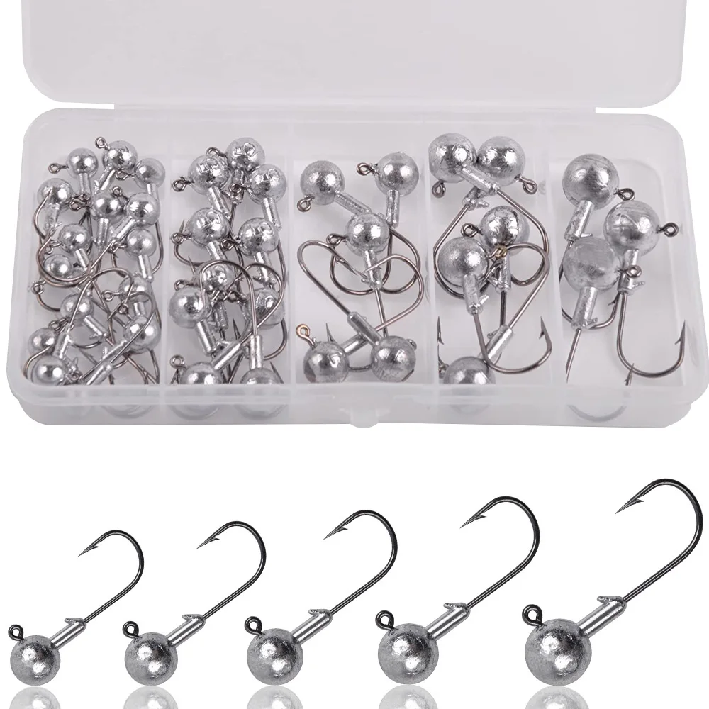 

38Pcs/55Pcs Crank Jig Head Hook Round Ball Jig Head Lure for Walleye Bass Crappie Fishing Swimbait Jig Hooks with Tackle Box