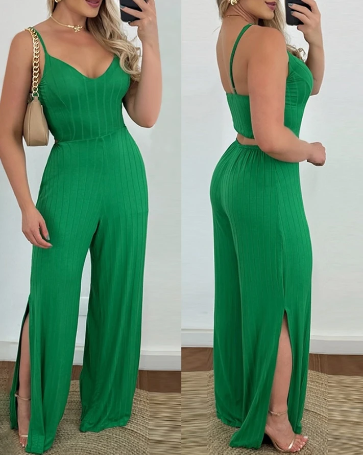 

Jumpsuit Women 2024 Summer Fashion V-Neck Slit Backless Ribbed Casual Plain Spaghetti Strap Daily Long Jumpsuit Y2K Streetwear