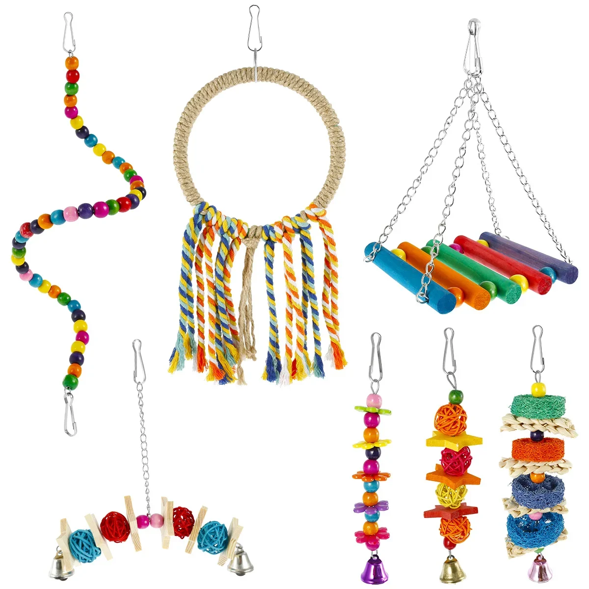 7Pcs Bird Parrot Toy Wood Colorful Bird Swing Toy Hanging Parrot Chewing Playing Training for Parakeets