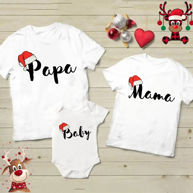thumbnail image 1 of Camisetas a juego con gorro de Papá Noel para la familia, ropa a juego para madre, padre e hijos, camisetas para fiestas navideñas, atuendos para vacaciones de invierno, 1 of 5