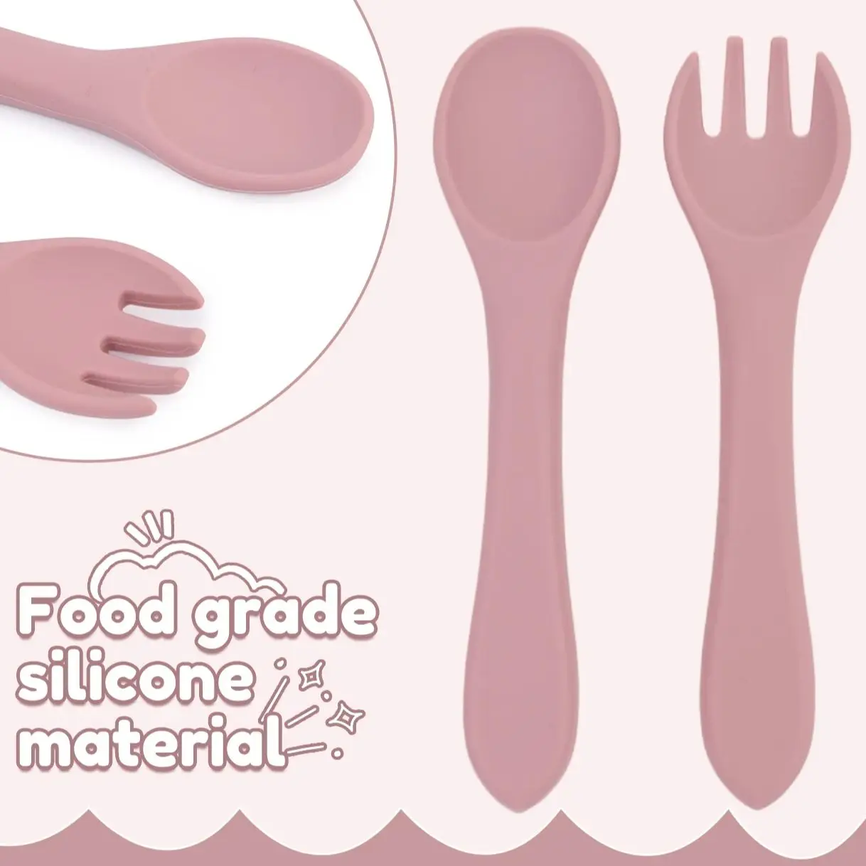 1Set Baby Silicone Fork Spoon Set Silicone Handle Children BPA Free Silicone Feeding Fork Spoon Set Christmas Gift Birthday Gift 3