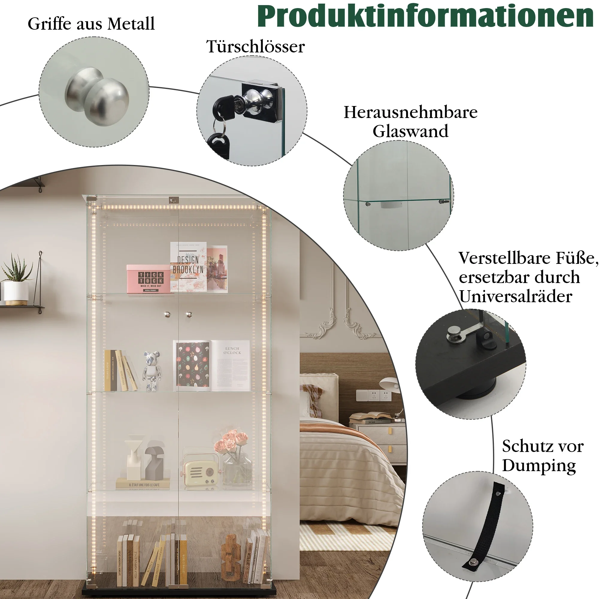 Rosahqnda Glasvitrine mit LED, Schrank zum Sammeln mit 2 Türen, 4 Regalen, transparente Möbelvitrine – Detail 3