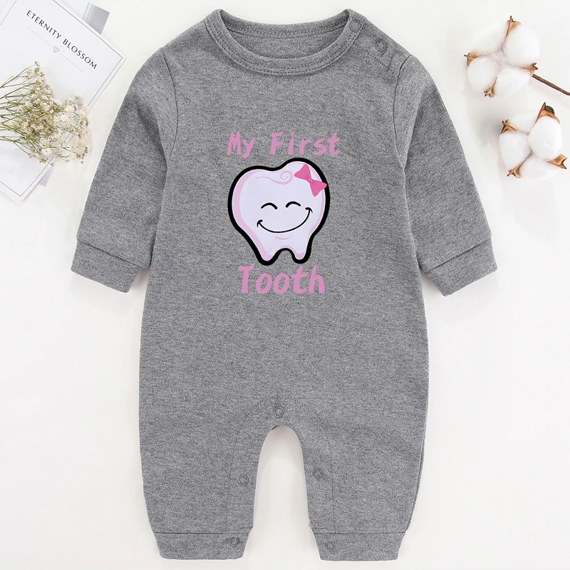 My First Tooth Baby Girl Winter Clothes Cotton Newborn Baby Boy Costume Long Sleeve Romper for Babies Infant Outfits bulk baby bodysuits	 Baby Rompers