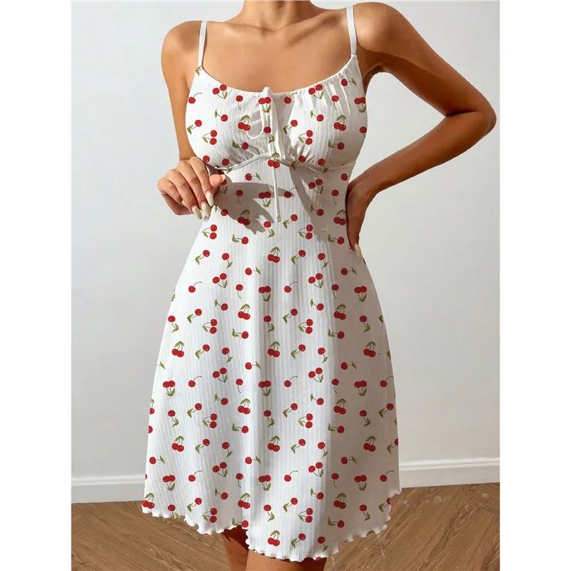 Women's Sleepwear Sexy Nightdress Night Gown Heart Printed Halter Neck Pajama Mini Dress Casual Sleepshirts Nightdress - 6