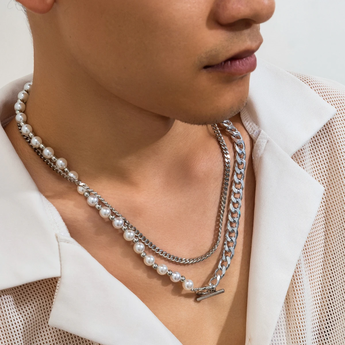 Kunjoe-男性用イミテーションパールとシルバーカラーのヒップ Kunjoe-男性用イミテーションパールとシルバーカラーのヒップ