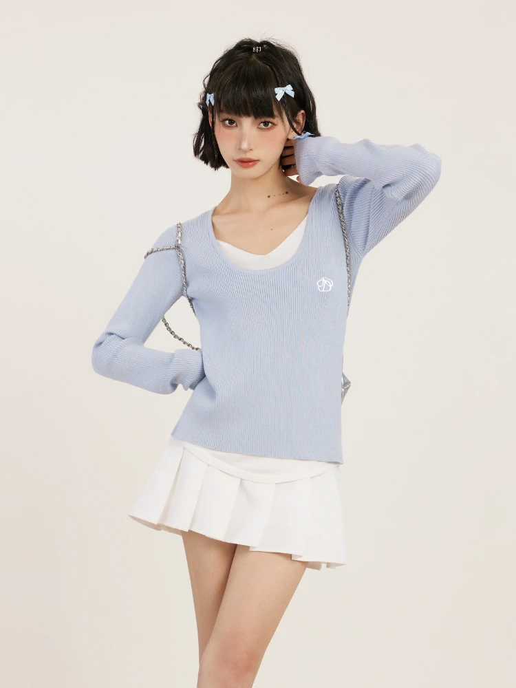 long-sleeved-sweater-blue-fake-two-piece-v-neck-spring-and-autumn-slim-fit-inner-wear-bottoming-shirt-top-fashion-all-matching