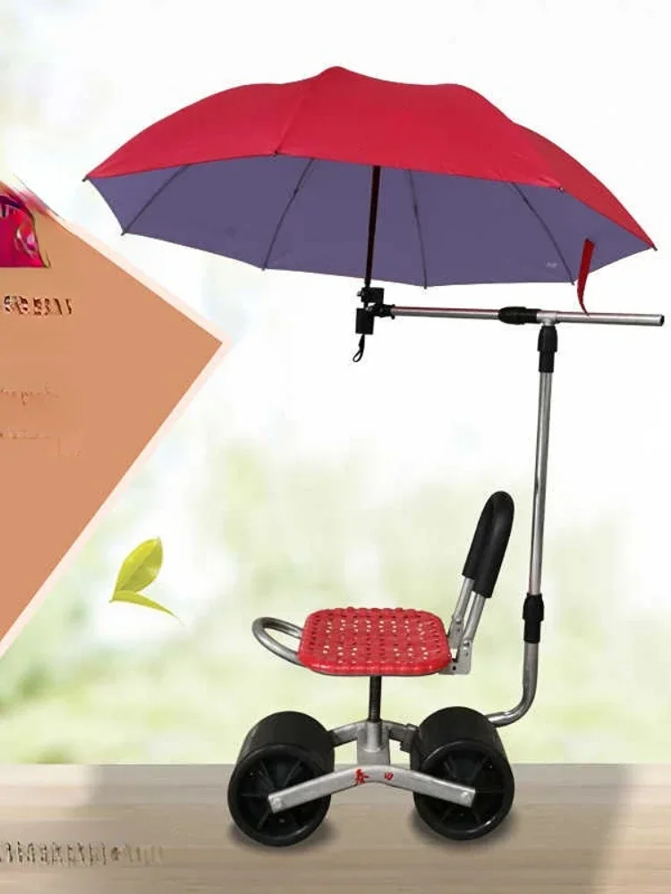 Garden Utility Cart with Tool and Umbrella Stand Iron Moving Work Chair Wheeling Planting Stool Essential Garden Supplies