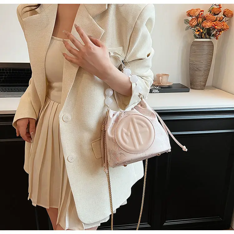 Sweet Drawstring Gather Bucket Bag Women Butterfly Print Patchwork Shoulder Bags Ladies Beaded Handle Elegant Crossbody Bag 2025