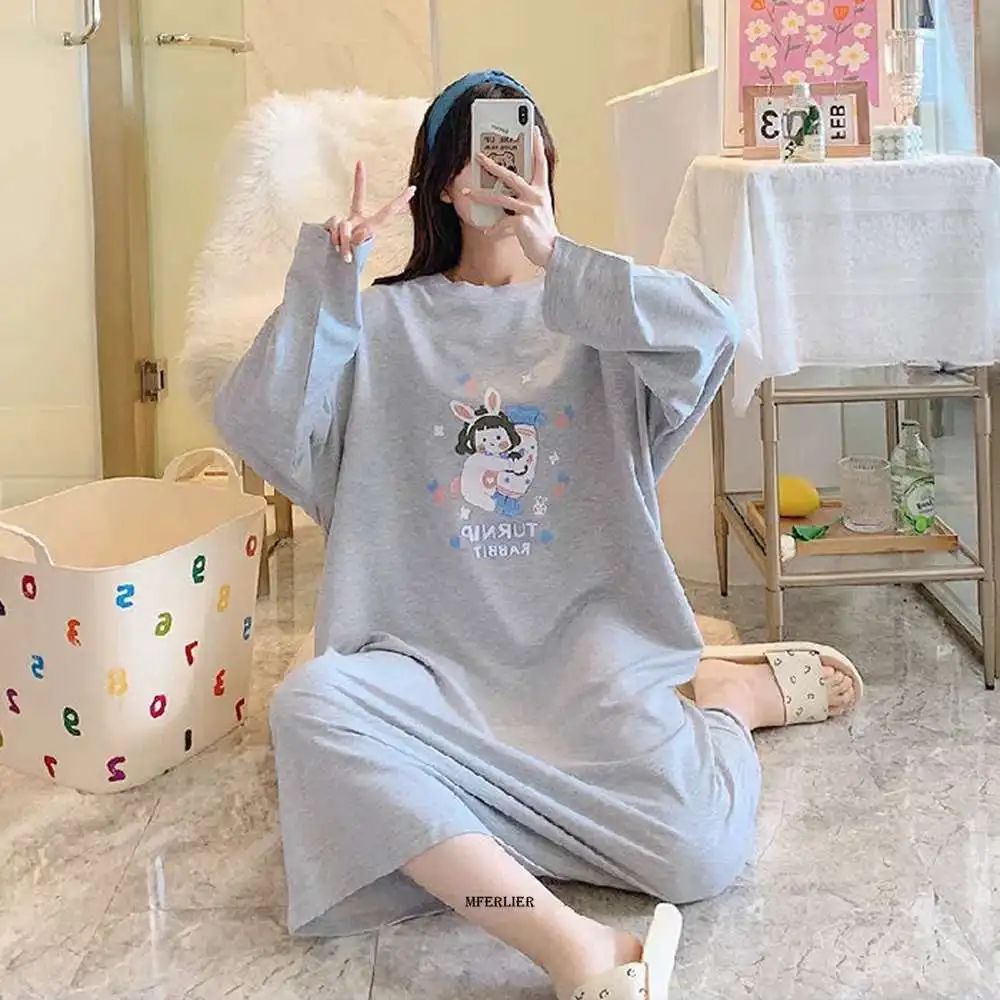 

Plus Size 5XL 150KG Winter Autumn Nightdress Women Long Sleeve O Neck Nightgown Cartoon Printed Homewear Lady Sleepdress