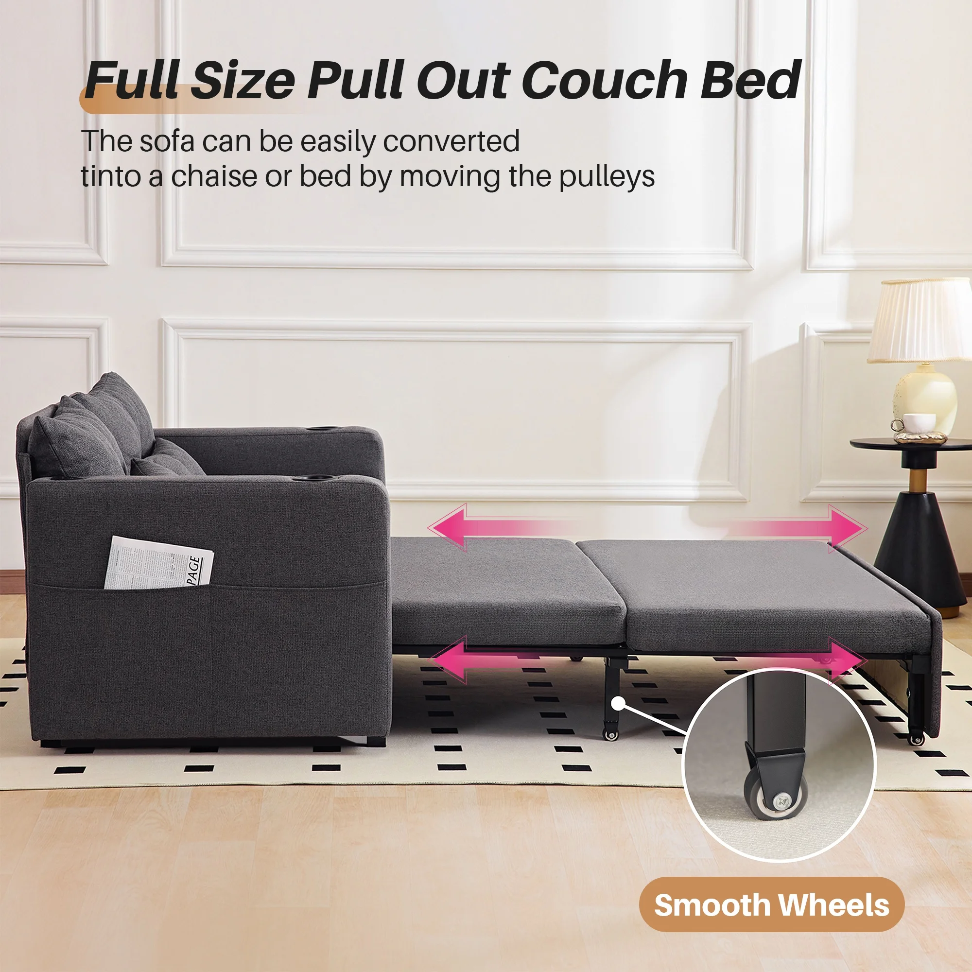 Redlife-3-in-1 Convertible Sofa Bed, Linen Fabric Sleeper Couch,