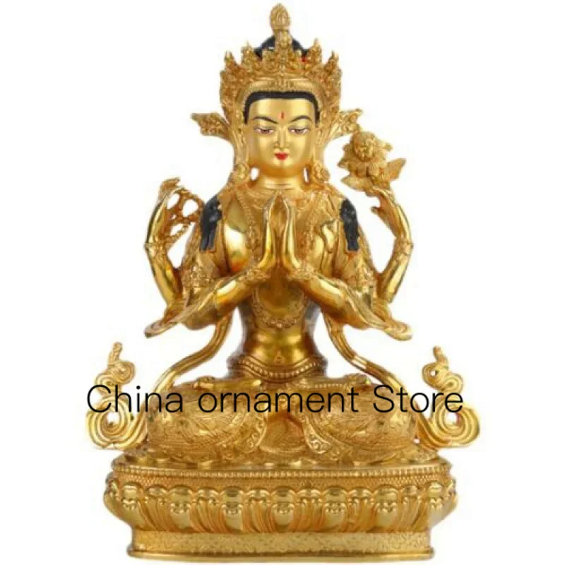 

12-дюймовая Подлинная ручная работа тибетская буддистская статуя с 4 руками и божеством Кван-Инь