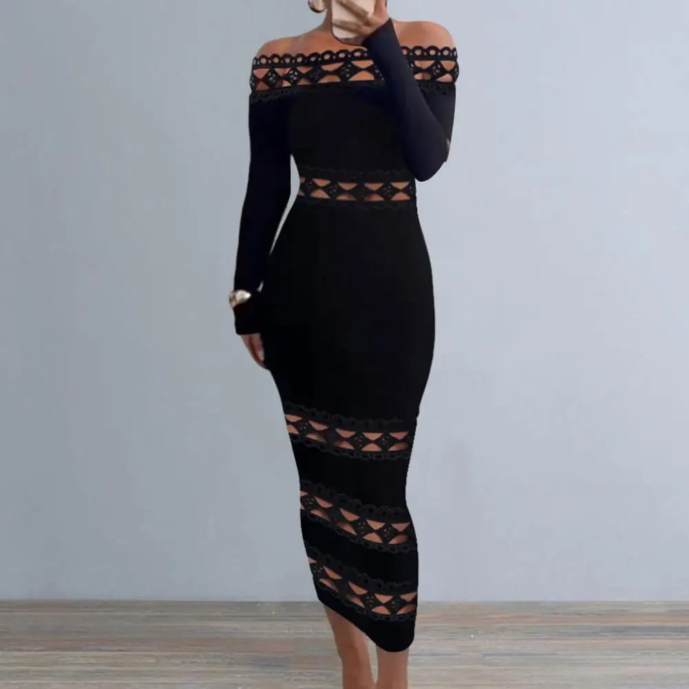 

Midi Evening Dress Elegant Women's Off Shoulder Evening Dress with Rhombus Patchwork Slim Fit Long Sleeve Mid-calf Length Solid