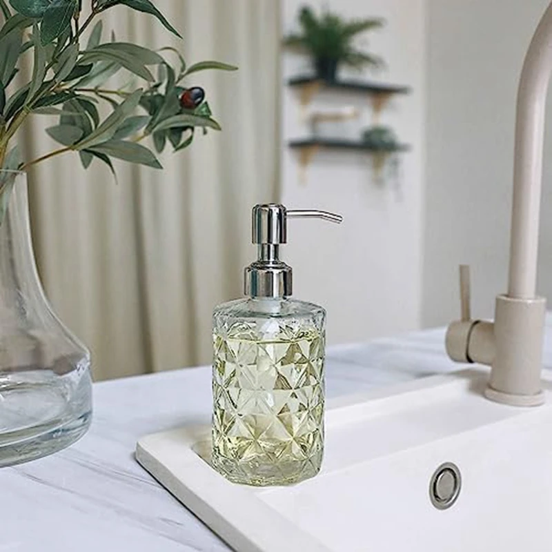 

1 Piece Diamond Embossed Glass Soap Dispenser With 304 Rustproof Stainless Steel Pump As Shown Bathroom Soap Dispenser