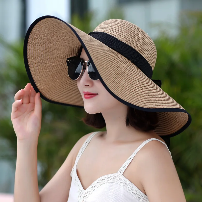 

Womens Sun Straw Hat Wide Brim UPF 50 Summer Hat Foldable Roll Up Floppy Beach Hats for Women