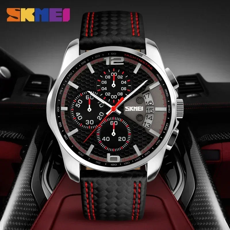 SKMEI 9106 Waterproof Quartz Sport Watch for Men Luxury Leather Date Calendar Stopwatch Wristwatches Mens Shockproof Clock