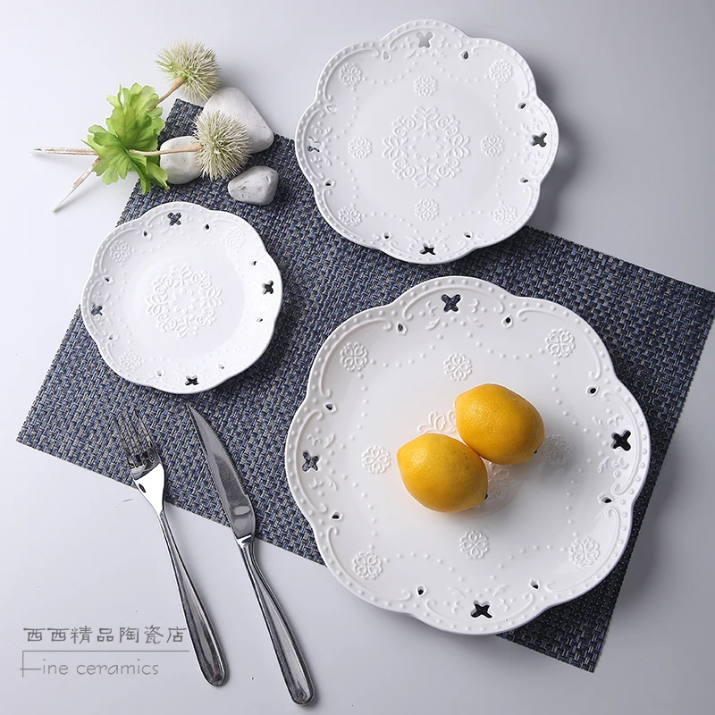 3pcs set, 6+8+10inch, white embossed porcelain cake plate, butterfly design, service the table, dinner plate sets, dinnerware