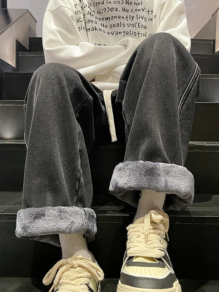 Winter Men's Jeans Korean Fashion Fleece Liner Thick Warm Straight Denim Pants Washed Cotton Retro Blue Wide Leg Jean Trousers 3