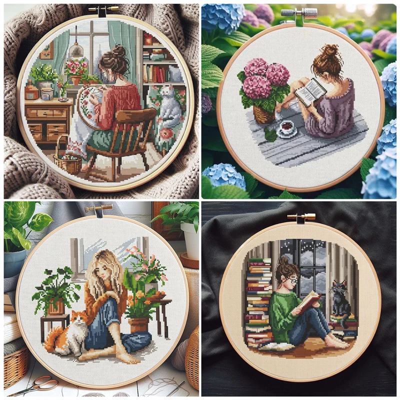 Cross Stitch Kit Embroidered Home Decoration Girl And Cat