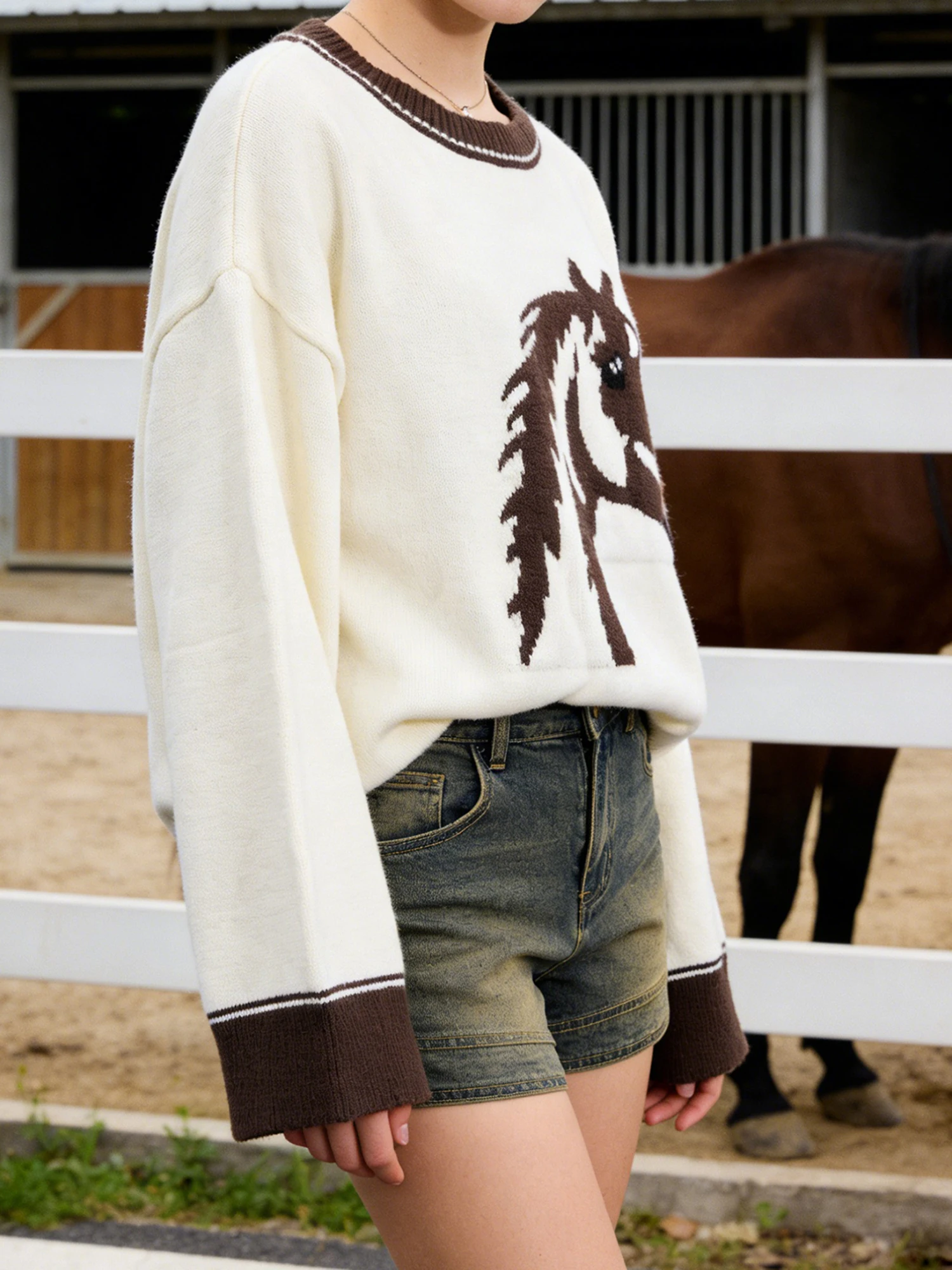 Women s Cozy Winter Sweater with Long Sleeves and Round Neckline Featuring a Stylish Horse Head Print Design