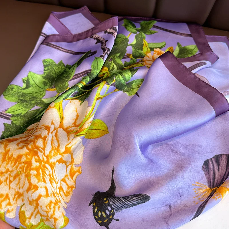 Purple Floral Print Silk Scarfs Women Men 70cm Square Scarves Female Hijab Soft Satin Neckerchief Casual Decorate Lady Neck Ties 5