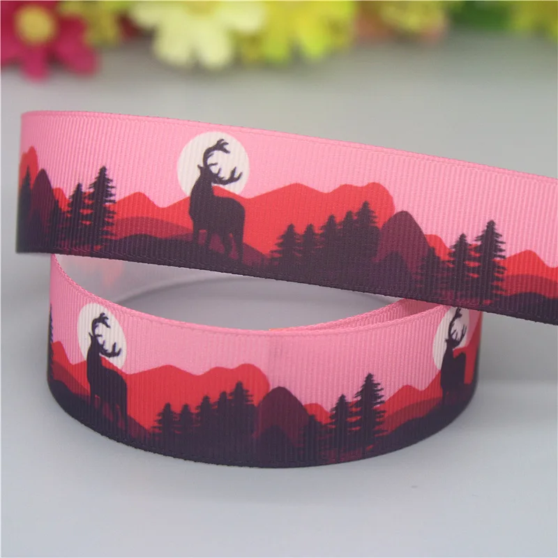 DUWES 50yards State Deer Forest Wolf Printed Grosgrain Ribbon Accessories Material Headwear Decoration DIY Sewing Craft D2110