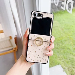 Fashion Ring Holder Phone Case with Heart and Star Pattern - Stand Cover for Samsung Z Flip 6 (Champagne)
