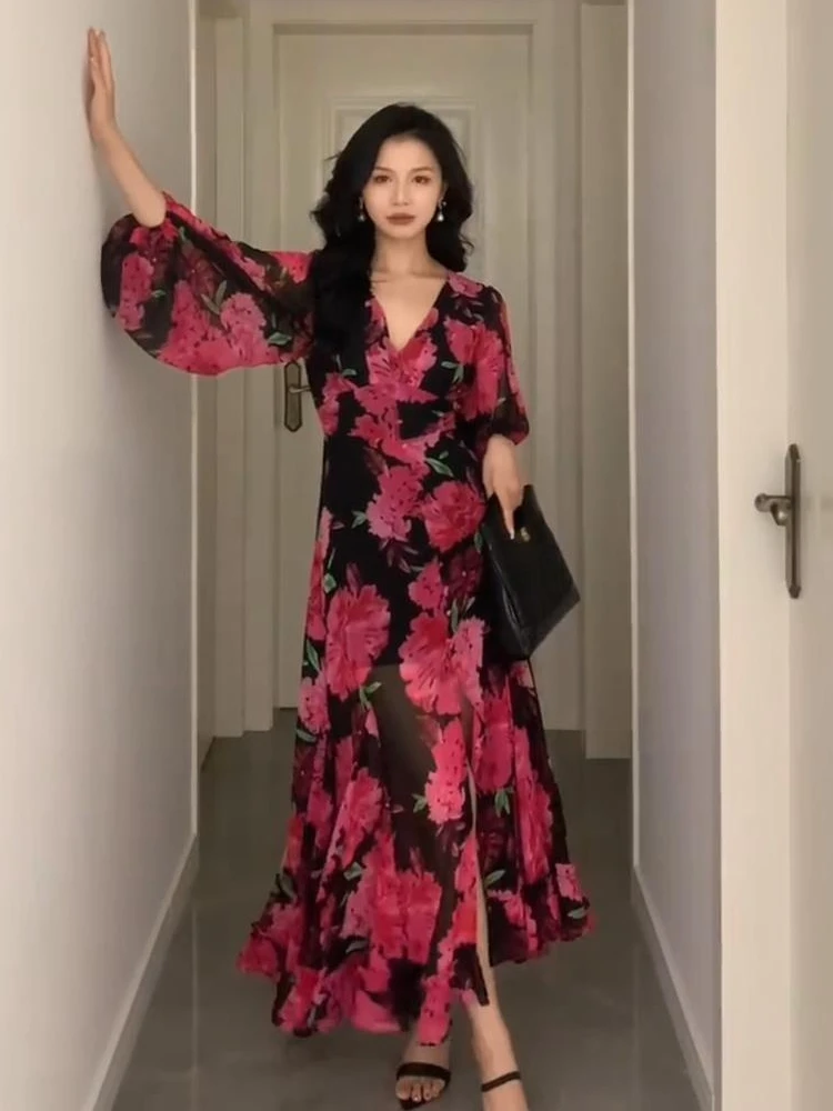 

Plus Size Floral Adult Lady like Woman Style Mom Dress Slightly Oversized Girls Slimming Beautiful High-End Temperament