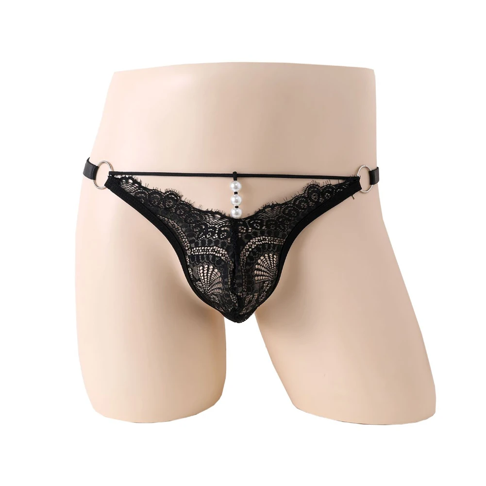 

Men Sexy Lace G-String Sissy Bulge Pouch Thongs Hollow Pearl Underwear T-back Low Rise Briefs Seduction Erotic Underpants