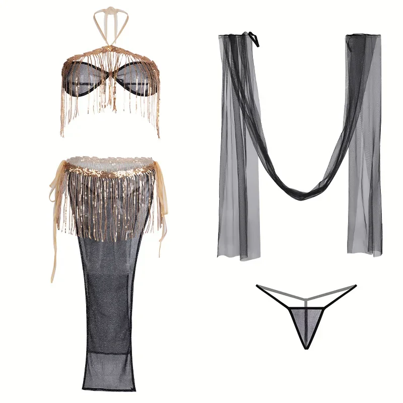 Cheongsam Dress Cosplay Women Sexy Lingerie Costume Egyptian Classical Cat Outfit See Through Bra and Tassels Skirt Exotic Set women lingerie women lingerie set women cosplay costume