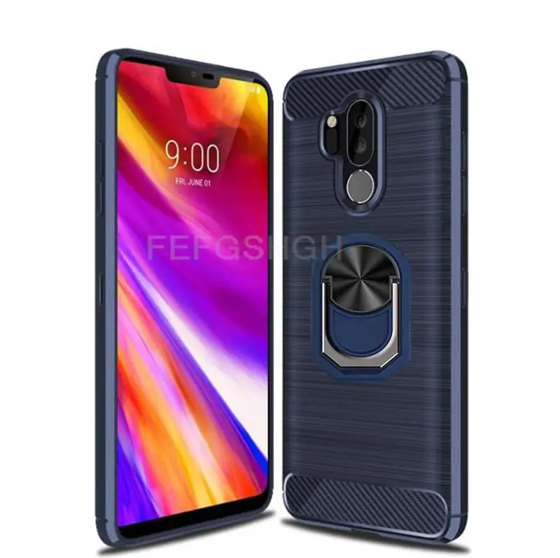 LG G7 ThinQ 용 Capa LG G7 ThinQ G710 G7 + G7 Plus LGG7 자기 링 스탠드 커버 용 브러시 탄소 섬유 소프트 실리콘 케이스