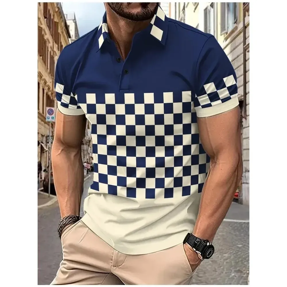 

Summer Men Polo Shirt Turn down Collar Button Tops Short Sleeve Plaid Streetwear Oversized Design Clothes Breathable Polo Shirts