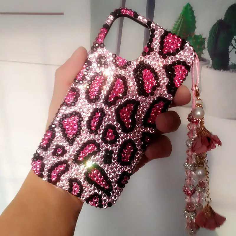 Rose Red Leopard Print Rhinestone with Crystal Hanging Chain Phone Case for Samsung Galaxy S24 S24Plus S23 S20FE S20 S20Plus