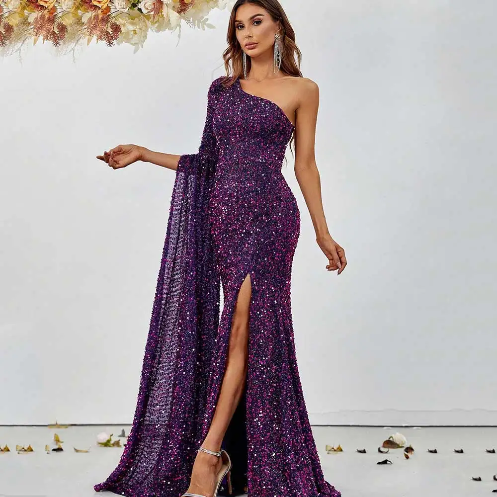 

Gorgeous Sparkling Evening Dress Sequins One Shoulder High Slit Flare Long Sleeved Sexy Women's Sheath Prom Party Gown