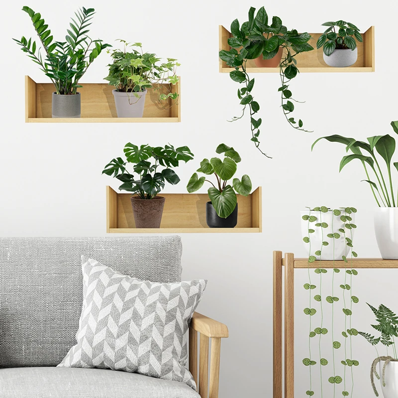 3pcs Plant Design Wall Sticker Plant Potted Pattern Wall Decal Background Wall Decoration And Beautification