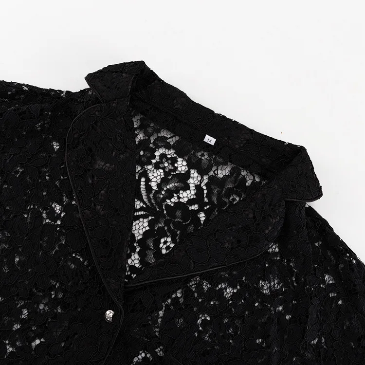 Lace Hollow Out Printed 2 Piece-Set Trousers Female See-Through Sexy See-Through Shirts And Fashion Women's Pants Outfits