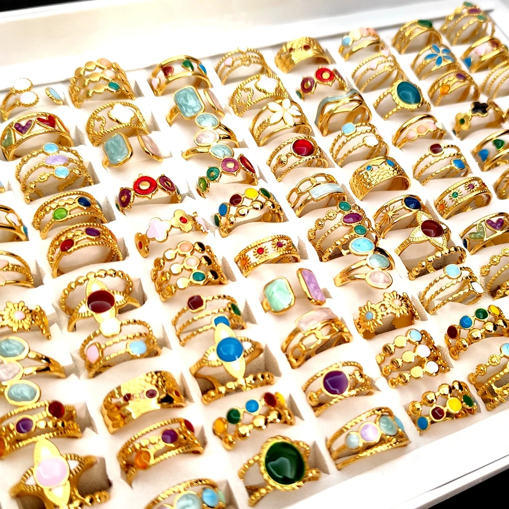 10Pcs 20Pcs Wholesale Women's Fashion Skeleton Rings Colorful Beads Charm Female Ring Stainless Steel Jewelry 6