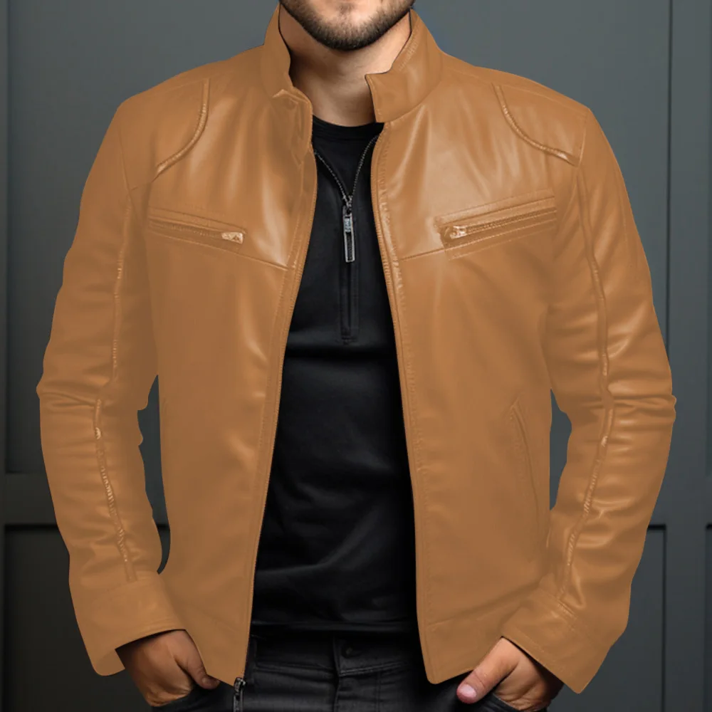 Leather Jackets Men's Biker Stand-up Collar Punk for Winter